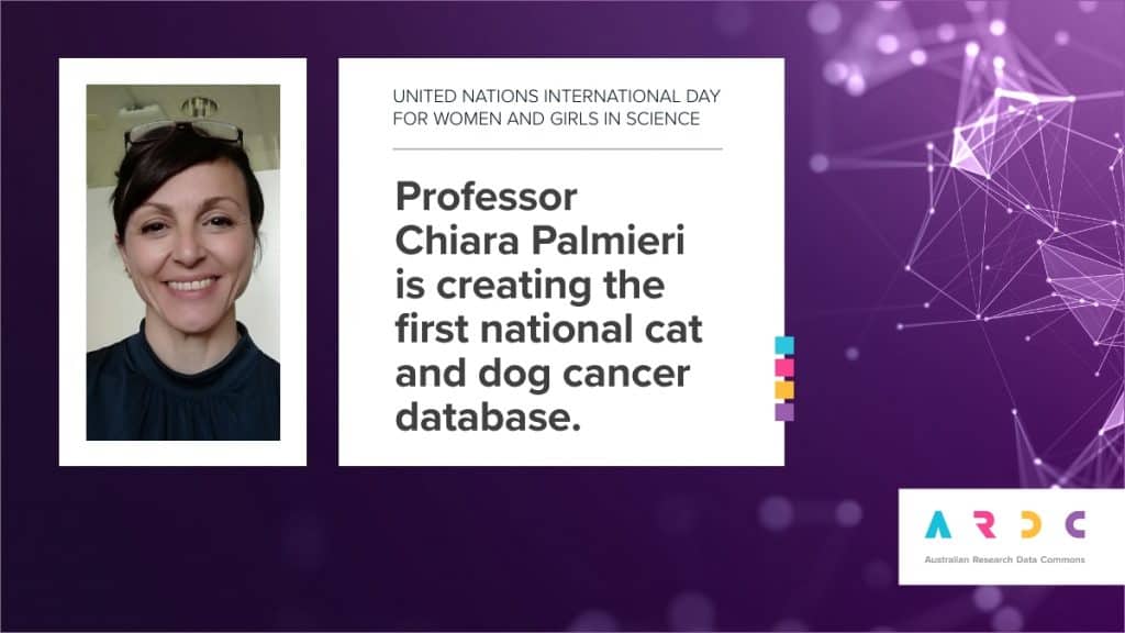A card with a photo of Prof Chiara Palmieri and a caption that reads "Professor Chiara Palmieri is creating the first national cat and dog cancer database"