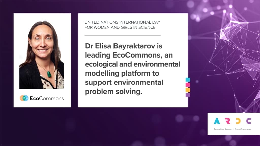 A card with a photo of Dr Elisa Bayraktarov and a caption that reads "Dr Elisa Bayraktarov is leading EcoCommons, an ecological and environmental modelling platform to support environmental problem solving"