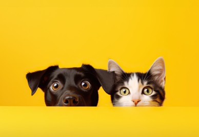 A dog and a cat in a yellow room