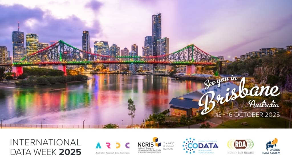 A poster for International Data Week with logos of the organizer and the slogan "See you in Brisbane, Australia" set against a photo of the lit-up Story Bridge and Brisbane skyline at dusk