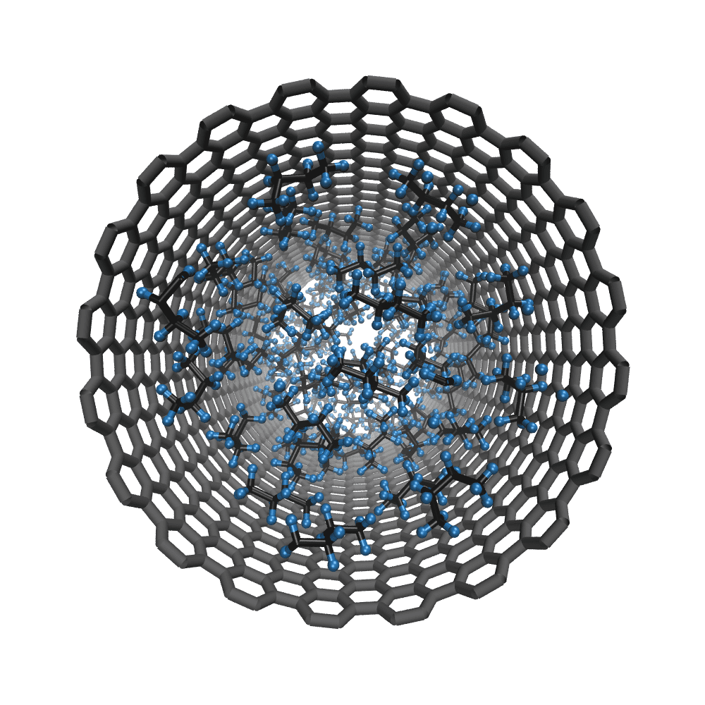 A rendering of a simulation of butane molecules flowing through a carbon nanotube