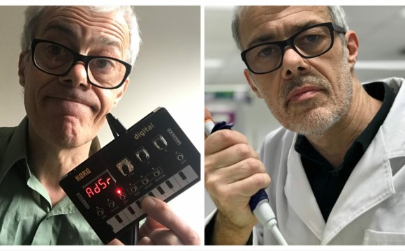 Two photos of Dr Mark Temple, one showing him as a musician, holding a synthesizer, and the other showing him as a scientist, holding a pipette