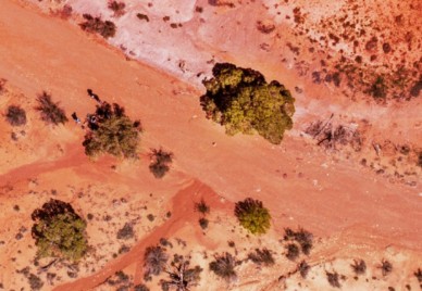 aerial view of red desert landscape in Australia