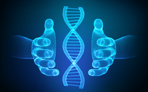 A digital artwork of a person's hands holding a DNA strand