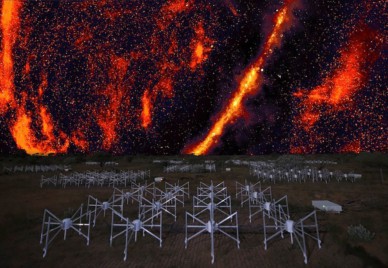 An array of telescopes set against a night sky full of stars and nebulare