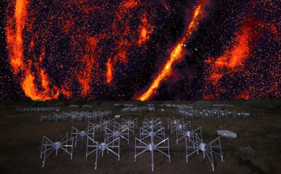 An array of telescopes set against a night sky full of stars and nebulare