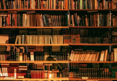 many books on bookshelves in a library