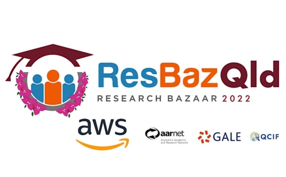 The logos of ResBaz Queensland 2022, A W S, Australia's Academic Research Network, GALE and Q C I F