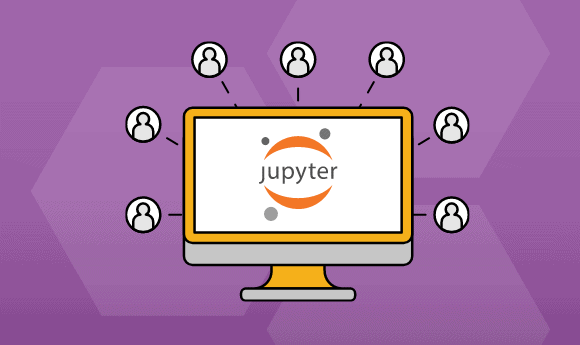 graphic of a computer screen with the Jupyter notebook logo and people