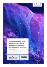 The cover of the A R D C report Understanding How Researchers Find Research Software for Research Practice. The title and the name of the author, Doctor Frankie Stevens, are set against a vector artwork of numerous glowing purple dots connected with one another to form a cascade of blue and purple triangles.