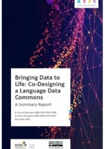 Report cover: Bringing data to life: Co-designing a Language Data Commons. A Summary Report. Abstract data image in background