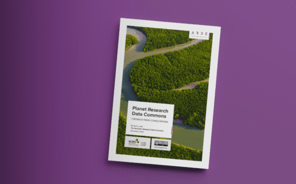 Cover of the Planet Research Data Commons consultations feedback report, featuring a meandering river, on a purple surface
