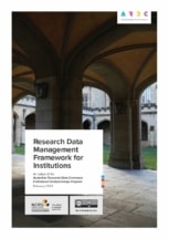 Cover of the Research Data Management Framework for Institutions, featuring a title card against an image of a group of classical arched pillars