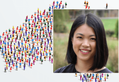 Headshot of Cynthia Huang against a map of Australia composed of human figures