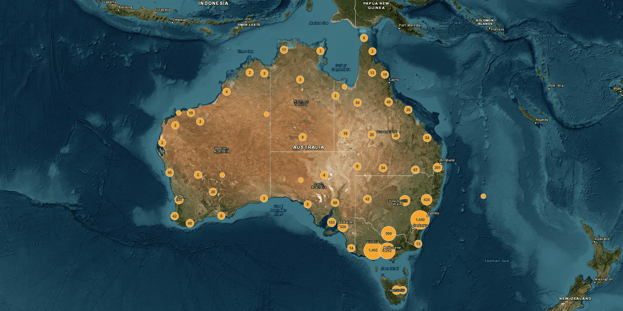 Map of Australia with numbered bubbles of different sizes across the country