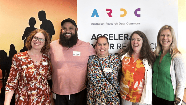 Lisa Rigney (centre) with her colleagues Jo Savill (ARDC), Levi-Craig Murray (Indigenous Data Network), Jenny Fewster (ARDC), Kristen Smith (Indigenous Data Network).