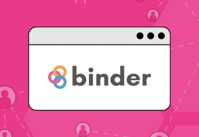An illustration of a browser window with the BinderHub logo in it. The window is set against a pink background with icons of people connected by dotted lines