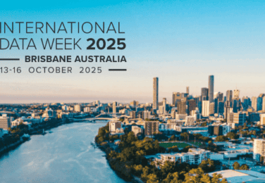 The text "International Data Week 2025 - Brisbane, Australia - 13-16 October 2025" against a photo of Maiwar, or the Brisbane River