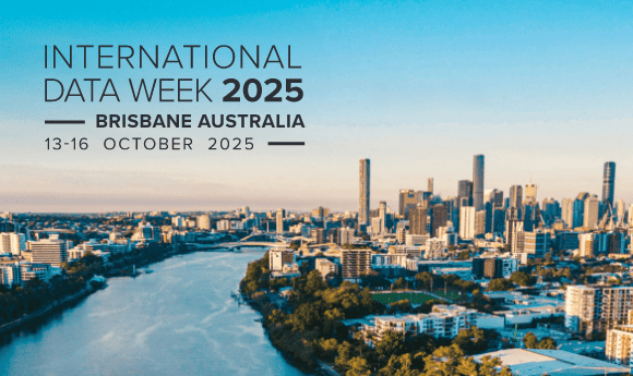 The text "International Data Week 2025 - Brisbane, Australia - 13-16 October 2025" against a photo of Maiwar, or the Brisbane River