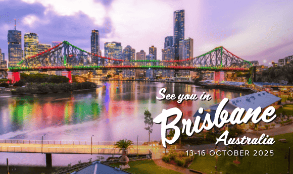 Picture of Brisbane river and cityscape with "see you Brisbane Australia 13-15 October 2025" written on the side