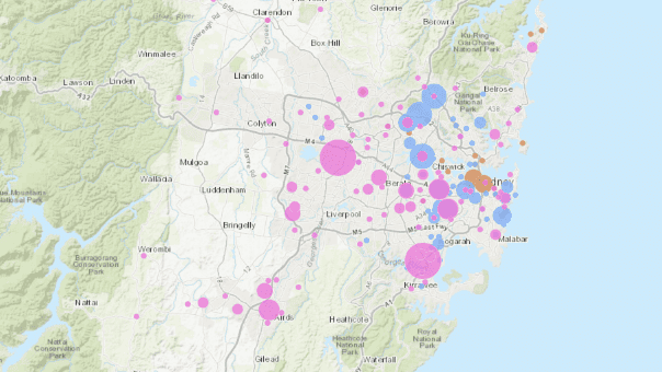 A map of the Sydney area with colourful bubbles indicating the number of speakers recorded fror the Sydney Speaks collection of recordings.