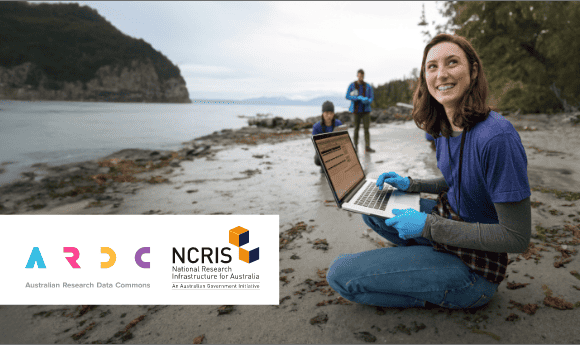 A R D C and N CRIS logos against a picture of a researcher working on a beach with a laptop