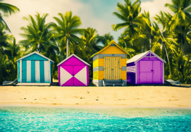 A row of sheds in the 4 A R D C colours of cyan, magenta, yellow and purple on a beach, palm trees at the back