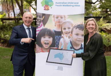 Australian Child and Youth Wellbeing Atlas banner with 2 people either side of it with a green leafy background.