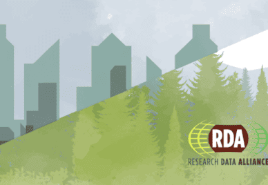 RDA logo against an illustrative background diagonally split between a cityscape and a forest scene