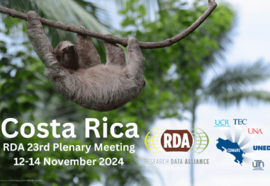 The RDA, CONARE, UCR, TEC, UNA, UNED, UTC logos, and the text "Costa Rica - RDA 23rd Plenary Meeting - 12-14 December 2024" against a photo of a sloth clinging onto a tree branch