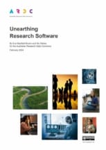 Cover of the Unearthing Research Software report, featuring various images of researchers and natural scenery. CC-BY label at the bottom with a "Text & inofgraphics only" specification.