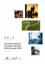 Cover of Australian National Persistent Identifer (PID) Strategy 2024 with pictures of researchers and natural scenery