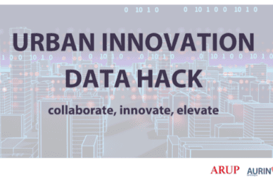 Card with the copy "Urban Innovation Data Hack - collaborate, innovate, elevate" against an illustration of a city's skyline overlaid with the digits 0 and 1. Logos of Arup and AURIN in the bottom-right corner