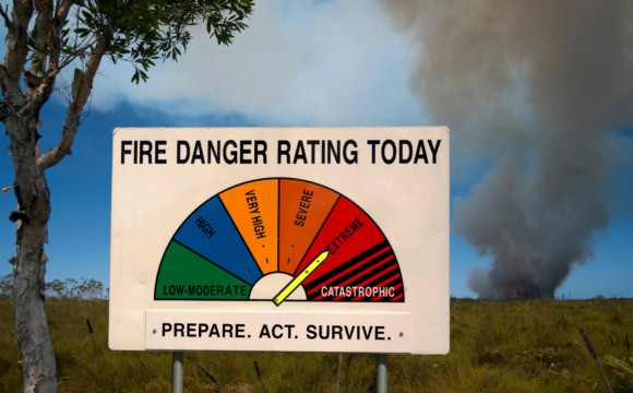 A board showing the fire danger rating of the day with a fire behind it