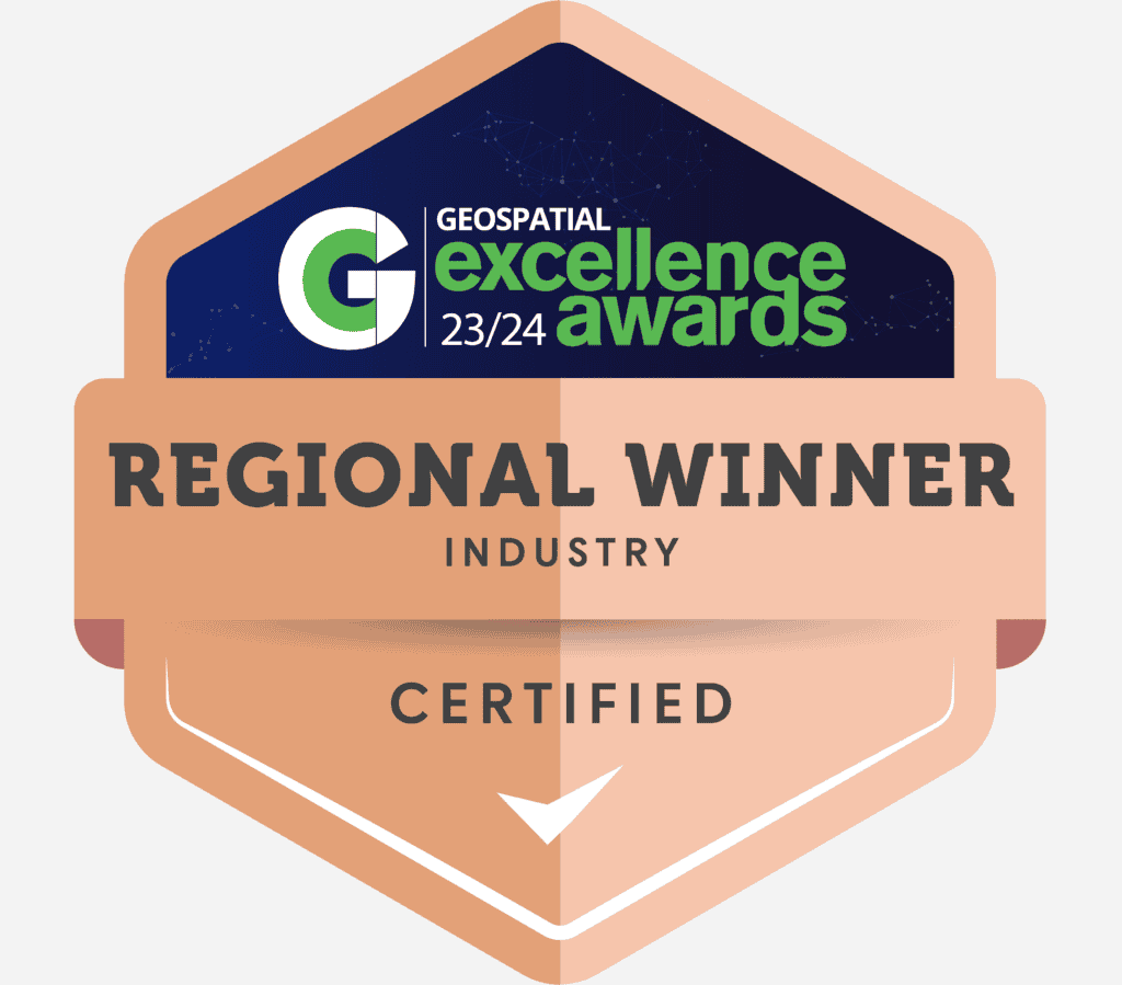 Badge reading "Geospatial Excellence Awards 23/24 - Regional Winner (Industry) - Certified"