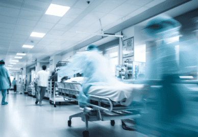 Medical professionals rushing a bed through a hospital corridor